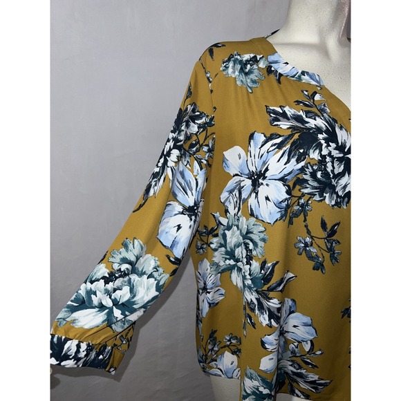 Van Heusen Top Women's Size XXL Mustard Blue Floral 3/4 Sleeve Pullover Blouse - Picture 3 of 10